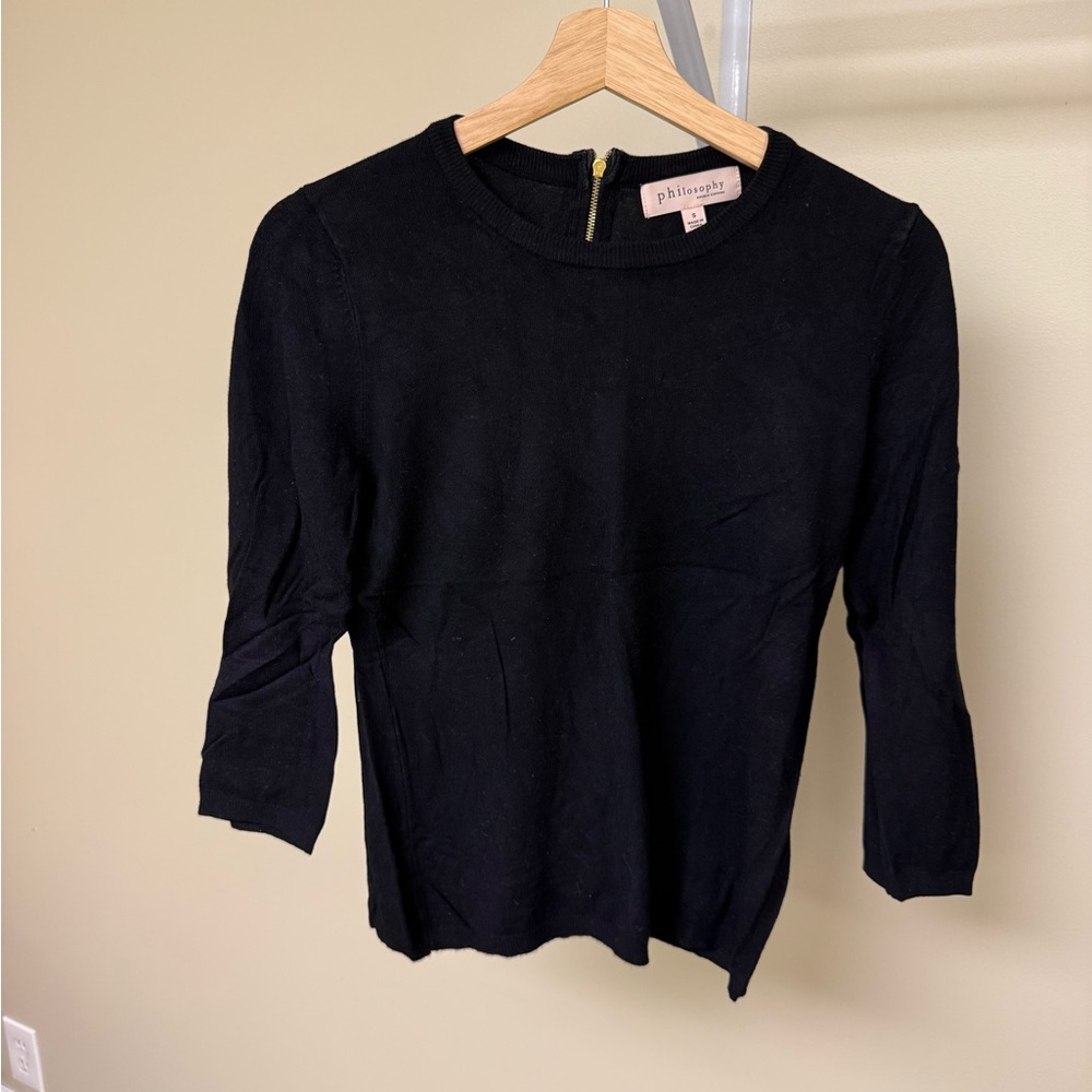 Philosophy Black Knit Top 3/4 Sleeve Back Zip Size S